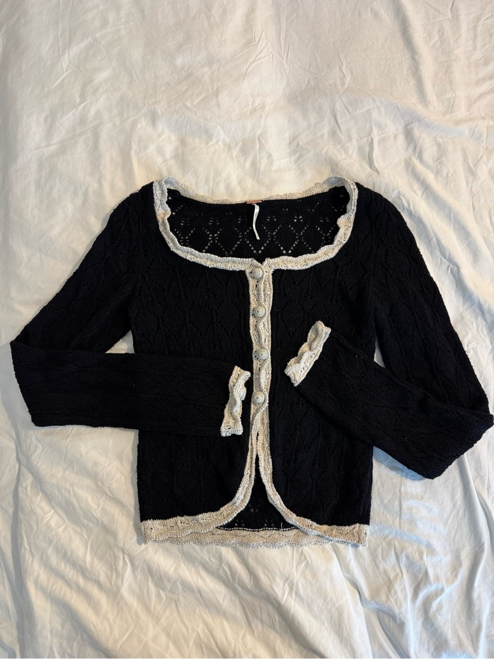 Free People Black Knit Cardigan with Cream Trim